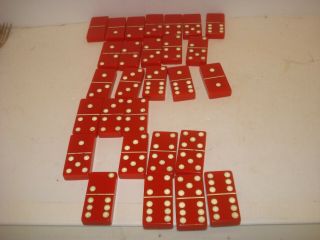 Vintage Bakelite Tile Double Six Dominoes Game 28 Piece Red & White W/box