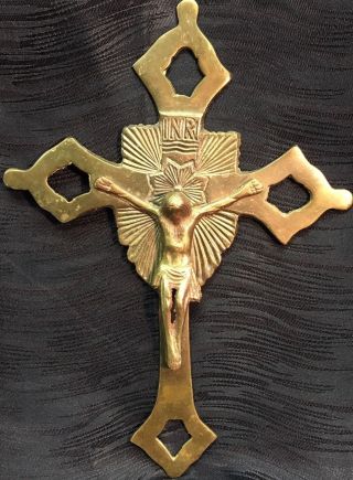 Vintage Antique Wall Solid Brass Crucifix Cross Jesus Christ Inri God Holy Ghost