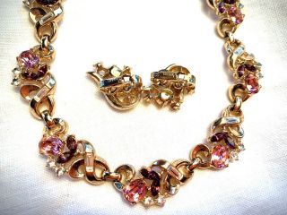 Vintage Signed Trifari Necklace & Earrings Set Pink Purple Rhinestone 1950s