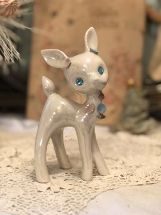 Vtg Lefton White Luster Porcelain Reindeer Pink Blue Flowers Rhinestone Eyes 6”