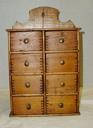 Antique Primitive Wooden Spice Cabinet Box Apothecary Chest 8 Dovetail Drawers