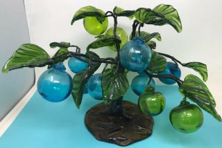 Mid Century Vintage Hand Blown Blue Teal Turquoise Green Art Glass Fruit Tree