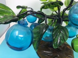 Mid Century Vintage Hand Blown Blue Teal Turquoise Green Art Glass Fruit Tree 3