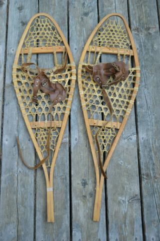 Vintage Snowshoes Pair 35 X 11 Kids Wood Antique Canada Indian Rawhide Leather