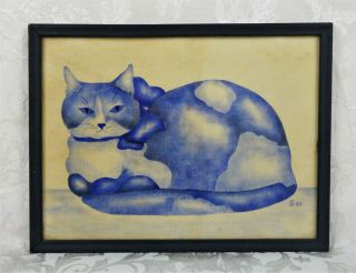 Antique Vintage Folk Art Primitive Blue Theorem Painting Cat Kitty