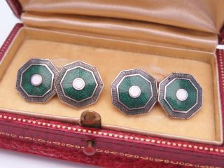 Antique Art Deco Era Gold Filled Guilloche Enamel Cufflinks Buttons Green White