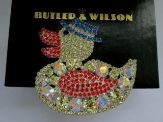 Vintage Signed Butler & Wilson Large Citrine Red Crystal Glass Duck Brooch Pin