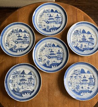 Antique Chinese Canton Blue White Porcelain 10” Plates 19c