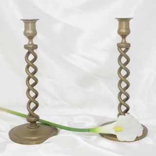Set Of 2 Vintage Brass Candle Holders Open Barley Twist Spiral Candlesticks