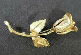 Vintage Giovanni Brooch Pin Gold Tone Long Stem Rose Flower Detail Petals Leaves
