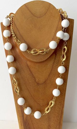 Vintage White Lucite Ball Bead & Gold Tone Filigree Link Chain Necklace 36 "