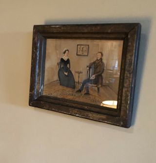 Early Primitive Portrait Couple Old Frame Sweet Painting Great Look