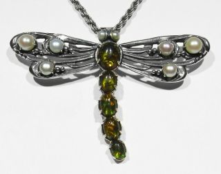 Large Vintage Signed 925 Silver Real Pearls & Amber Dragonfly Brooch Pin Pendant