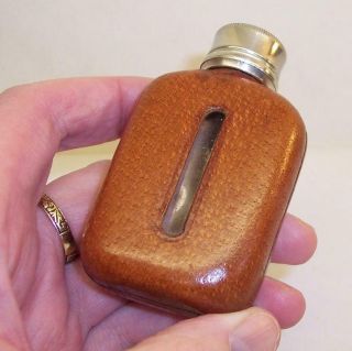 Small Vintage/antique Hip Flask Tot Pigskin Leather & Glass Quality Made