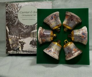 Vintage Currier And Ives Christmas Ornaments Winter Scene Bells