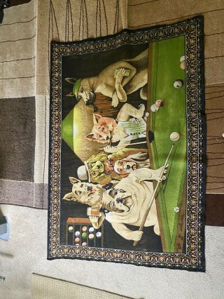 Tapestry Dogs Playing Pool Hanging Wall Art 52 " X 32 " Vintage Mcm Black Felt