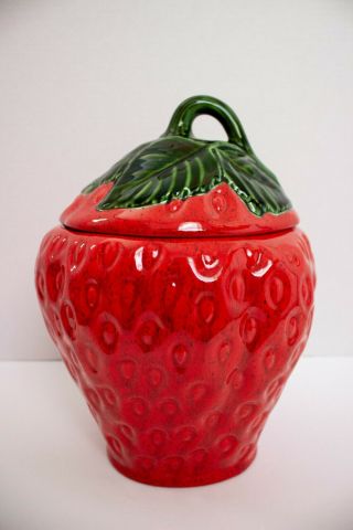 1974 Vintage Strawberry Cookie Jar Canister Signed Lucille Strawberry Shaped