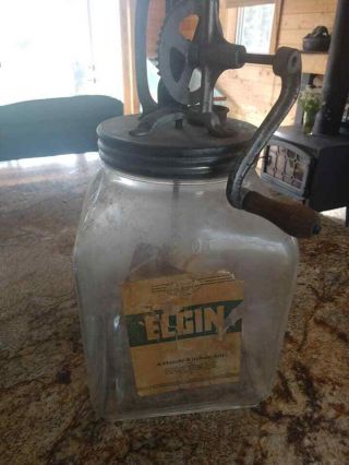 Antique Vintage 8 Quart Glass Elgin Crank Butter Churn
