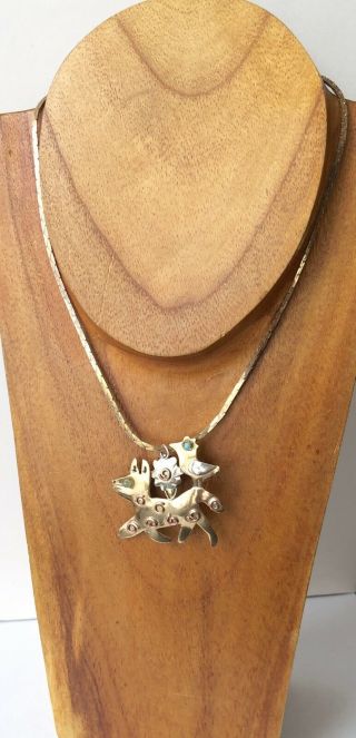 Vintage Handmade Gold - Silver Metal Dog & Bird Pendant Chain Necklace