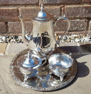 Antique Vintage Silver Plate 4 Piece Tea Set Teapot Sugar Bowl Milk Jug Tray