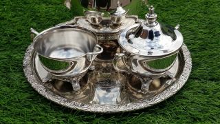 Antique vintage silver plate 4 piece tea set teapot sugar bowl milk jug tray 2