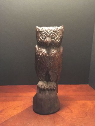 Large Heavy Vintage Mid Century Hand - Carved Owl Iornwood 14 Inches Iron Wood