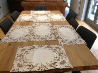 Vintage Set 6 Plus 2 Cream Linen Hand Embroidered Madeira Work Table Mats