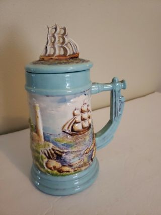 Rare Vintage Large Decorative Beer Stein Hand Painted With Ship On The Lid 1983