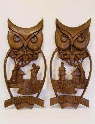 Vintage S.  C.  Vizcarra Hand Carved Wood Owls Wall Art Mid Century Tiki.  Rare Find