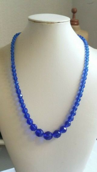 Czech Vintage Art Deco Royal Blue Graduated Faceted Glass Bead Necklace