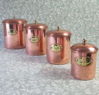 Vintage French Set 4 Copper Canisters Tin Lined Food Storage Brass Label Nesting