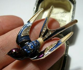 Vintage Style Art Deco Enamel & Crystal Swallow Swift Bird Jewellery Brooch Pin