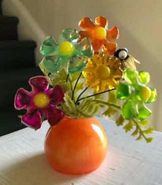 Vtg Mcm Lucite Acrylic Plastic Flower Daisy Bouquet Sculpture W Bee