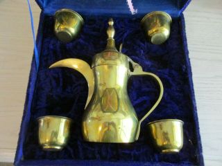 Vintage Middle Eastern Brass Tea Set (teapot,  Tray,  4 Cups & Decorative Box)