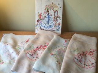 A Bundle Of Vintage “crinoline Lady” Embroidered Items,  Inc Cushions,  Etc.  50/60s.