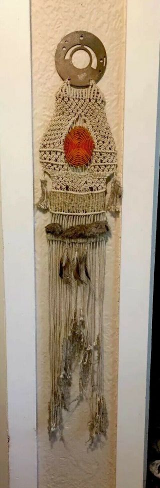 Large Woven Fiber Art Fur Feather Wool Brass Wall Hanging Mcm Abstract Art 70 