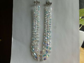 Vintage Glass Aurora Borealis 3 Strand Crystal Necklace,  Fancy Barrel Cut