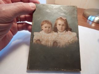 Antique 1880s Victorian Painting On Canvas Two Children No Frame 4 X 5 5/8 Inch
