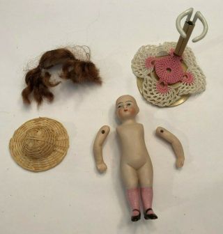 Antique 3 1/2 " German All Bisque Doll Solid Dome Peg Jointed Vgc