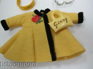 VINTAGE VOGUE GINNY DOLL OUTFIT TAGGED YELLOW FELT COAT,  PURSE HEADBAND GLASSES 2