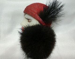 Vintage Art Deco Flapper Lady Scarf Black Fur Mink Shirt Coat Red Hat Brooch Pin