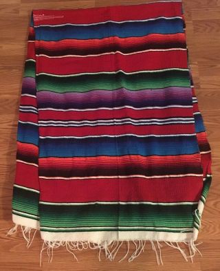 Vtg Mexican Saltillo Serape Striped Hand Woven Blanket Fringe 84” X 56”
