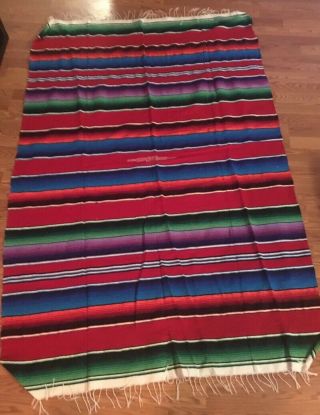 VTG Mexican Saltillo Serape Striped Hand Woven Blanket Fringe 84” x 56” 2