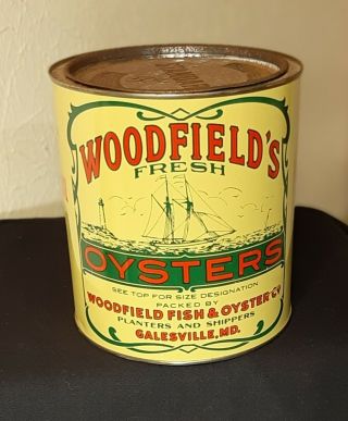 Vintage Woodfield’s Fresh Oysters Tin,  Galesville,  Md,  One Gallon,  Very