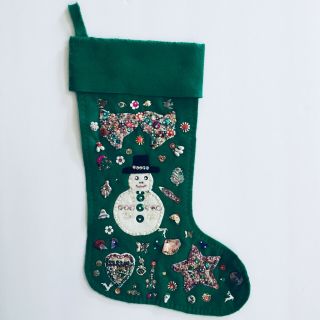 Vintage 15” Tall Green Felt Sequin Snowman Bells Stars Christmas Stocking