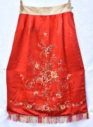 Antique /vintage Chinese Red Embroidery Embroidered Fabric Textile Wedding Skirt