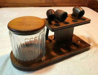Vintage Walnut Tobacco Pipe Stand With Humidor And 3 Pipes Estate