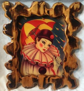 Rare Unique Vintage Astara Female Clown Wall Hanging Resin Coated Wood Frame