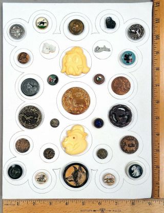 Card Of 29 Antique Buttons,  Assorted Dogs,  Various Materials & Ages
