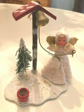 Vintage German Christmas Angel W Balsam Tree Candle Holder Ringing Bell 1940 - 50s
